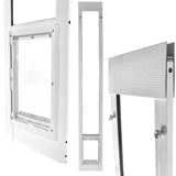 Three close-up views of a white pet door installation kit.