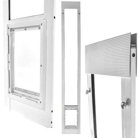 Three close-up views of a white pet door installation kit.
