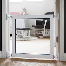 A white safety gate is installed in a doorway, with a nursery visible beyond.