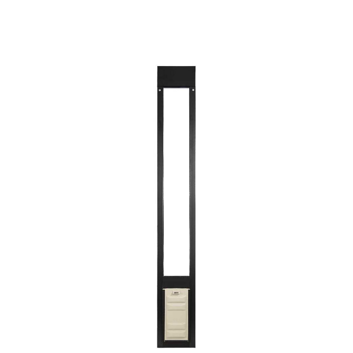 Black-framed sliding glass door pet door insert with a cream-colored door.