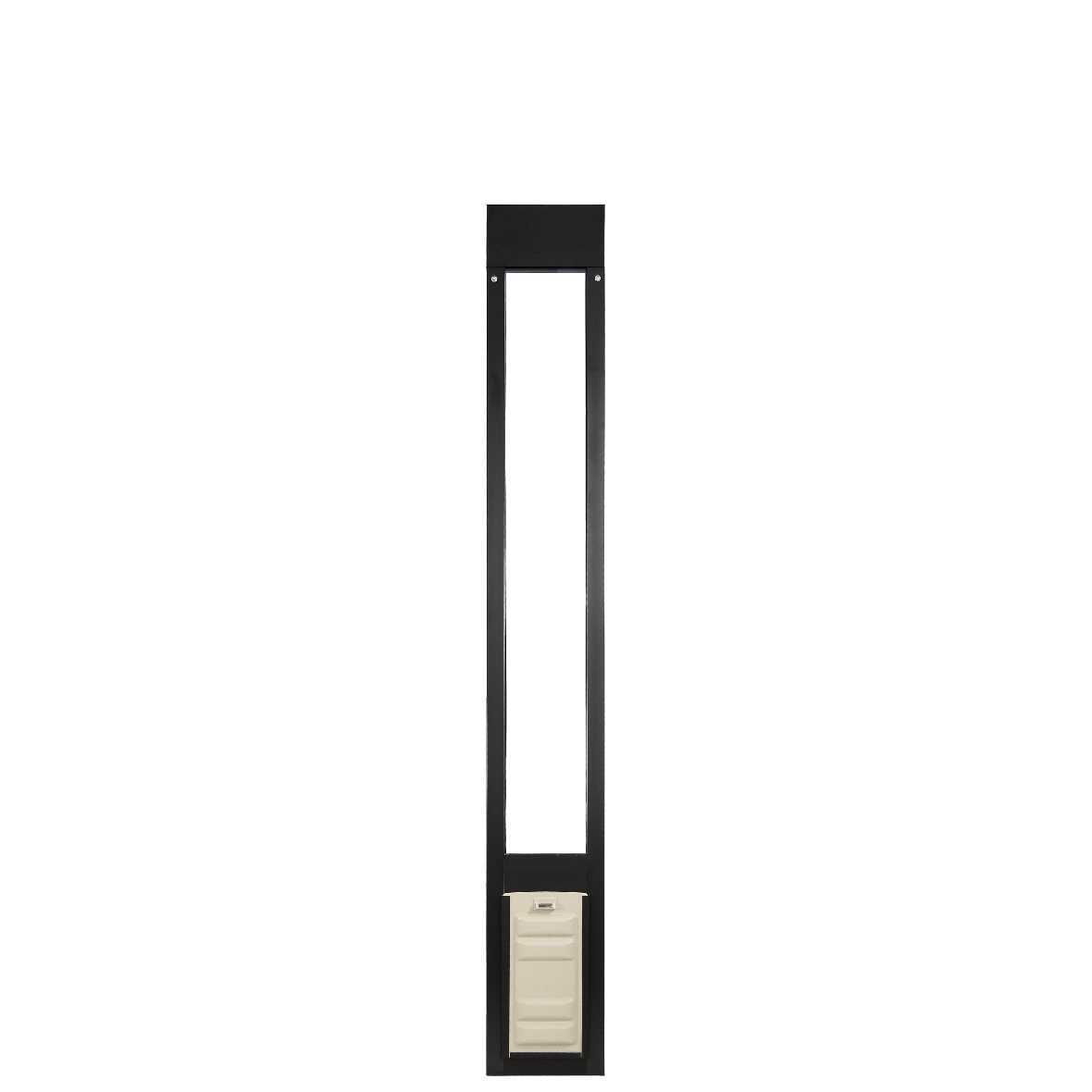 A black, vertical pet door frame is shown on a white background.
