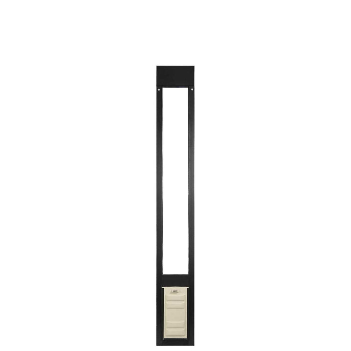 Black frame with a vertical opening and a pet door at the bottom.