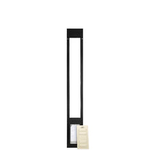 Black patio pet door insert with a removable panel.