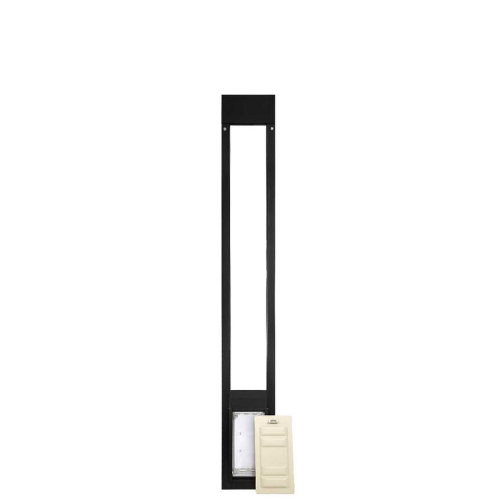 Black patio pet door insert with a removable panel.