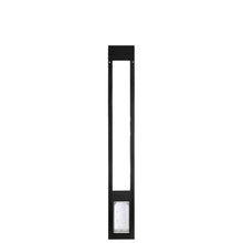 A black pet door insert for a sliding glass door is vertically oriented on a white background.