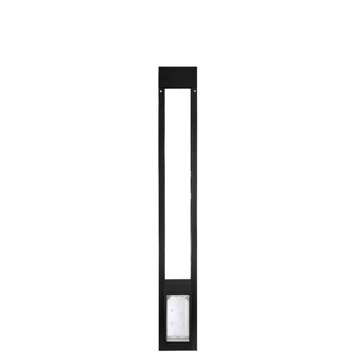 A black pet door insert for a sliding glass door is vertically oriented on a white background.