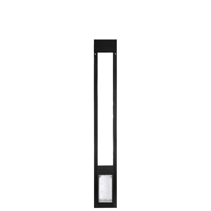 Black-framed sliding glass door insert with pet door.