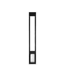 Black-framed glass sliding door insert with a pet door.