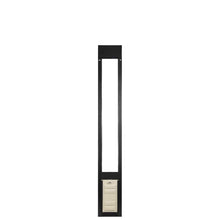 A vertically oriented, black pet door insert for sliding glass doors, featuring a beige door flap.