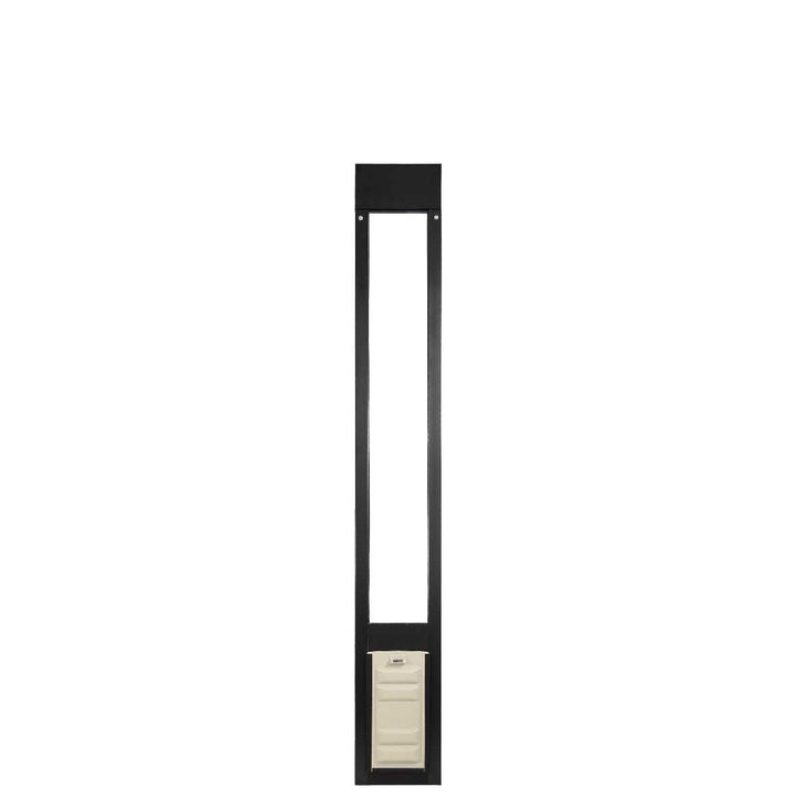 A vertically oriented, black pet door insert for sliding glass doors, featuring a beige door flap.
