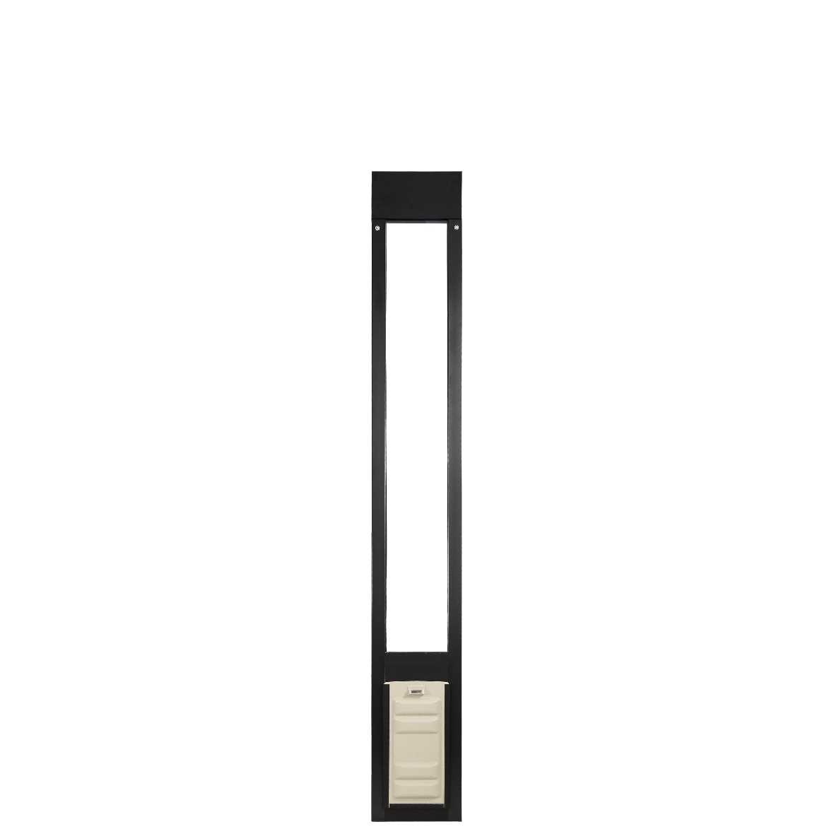 A tall, narrow, black pet door insert for a sliding glass door.