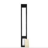 A black pet door with a white panel.