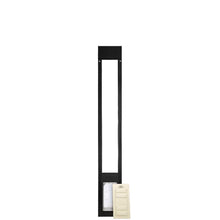 A black pet door with a white panel.