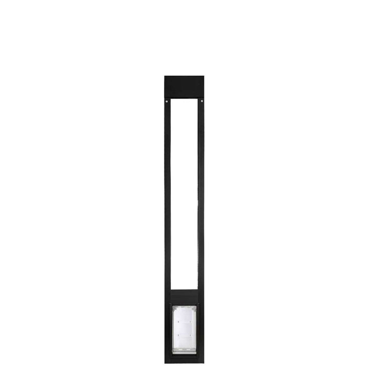 Black sliding glass door insert with a pet door.