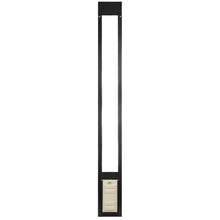 A black, rectangular pet door frame with a beige pet door insert.