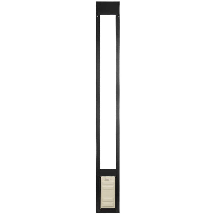 A black, rectangular pet door frame with a beige pet door insert.