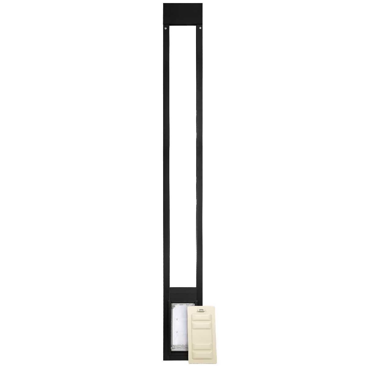A tall, narrow, black pet door insert with a beige cover rests against a white background.