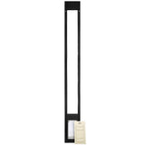 A tall, narrow, black pet door insert with a beige cover rests against a white background.