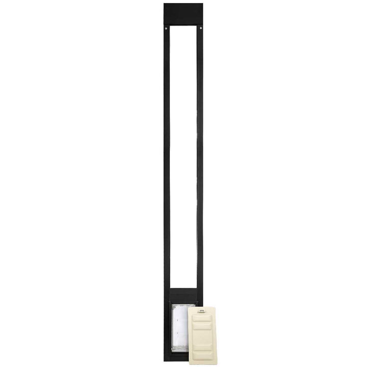 A black pet door insert with a white panel is displayed against a white background.