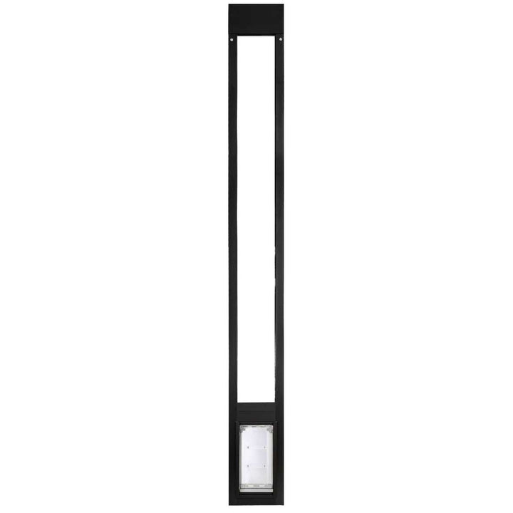 Black patio door insert with a dog door at the bottom.