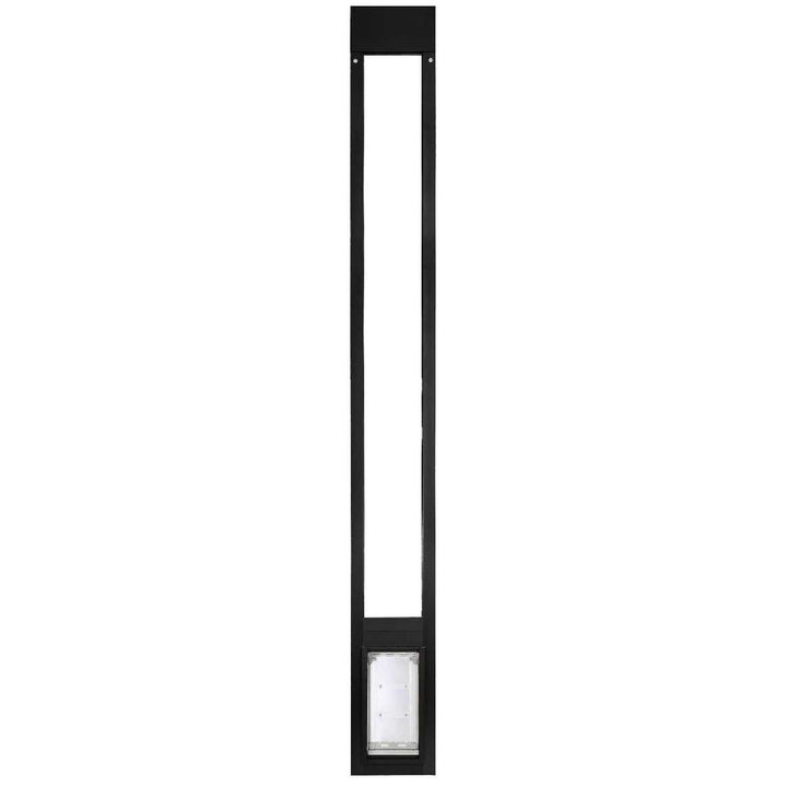 Black sliding glass door insert with a pet door at the bottom.