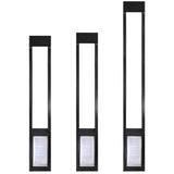 Three black-framed pet door inserts of varying heights, each with a transparent flap.