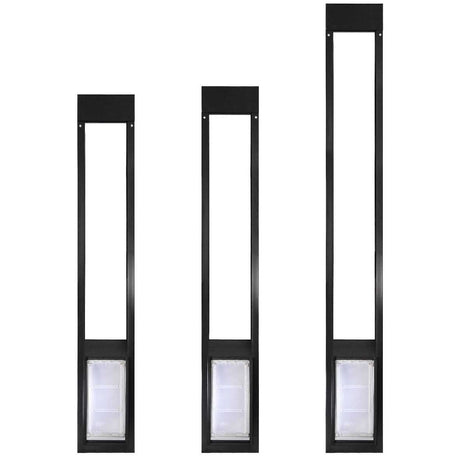 Three black-framed pet door inserts of varying heights, each with a transparent flap.