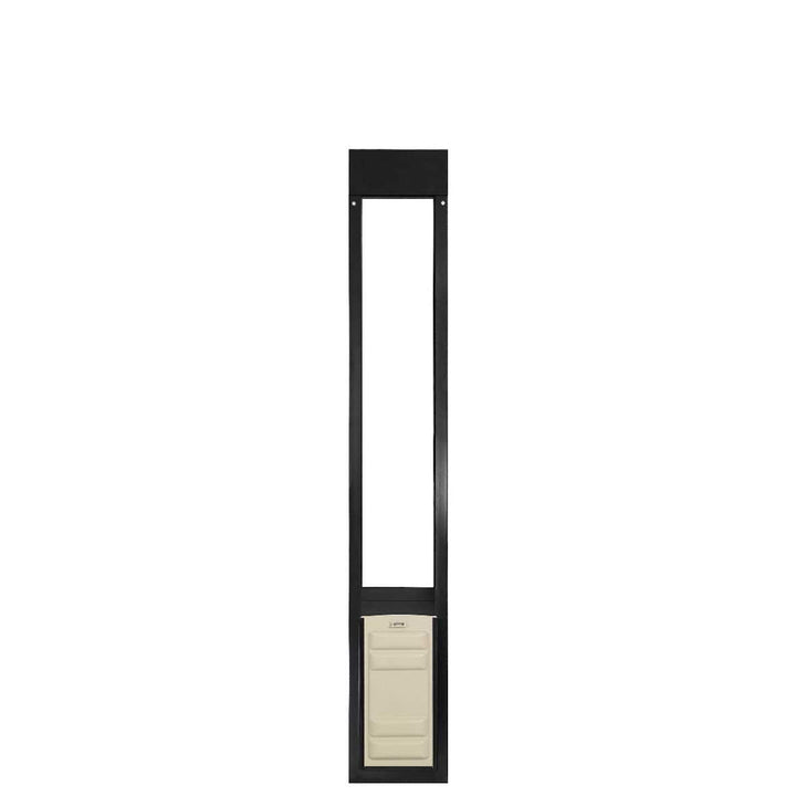 Black-framed pet door insert for sliding glass doors.