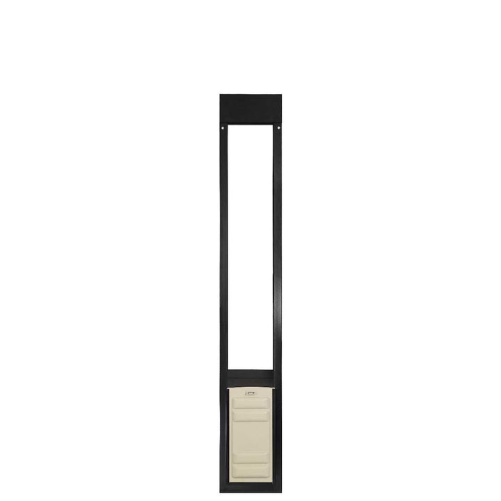 A black-framed pet door insert with a cream-colored door.