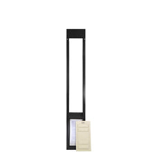A black sliding glass dog door with a white panel.