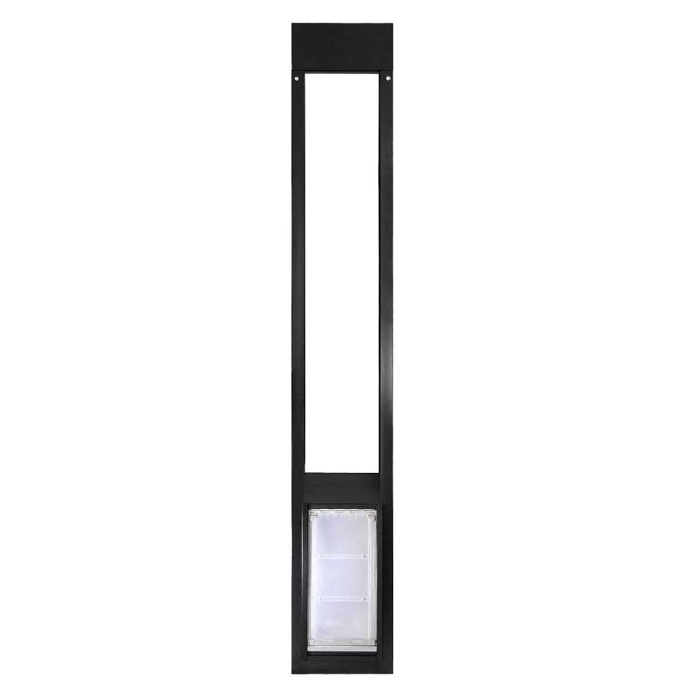A black framed sliding glass door insert with a pet door at the bottom.