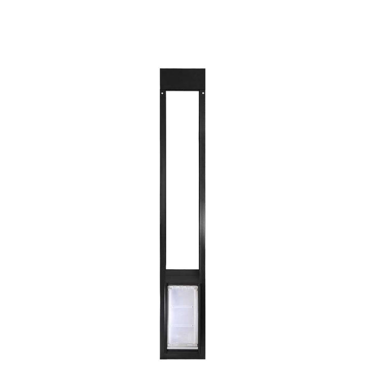 Black-framed pet door insert with a clear flap.