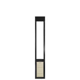 A black-framed sliding glass door insert with a pet door panel.