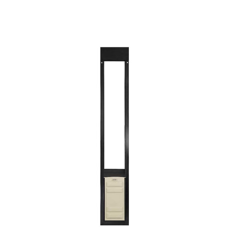 A black-framed sliding glass door insert with a pet door panel.