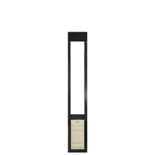 A black frame with an opening and a beige pet door insert at the bottom.
