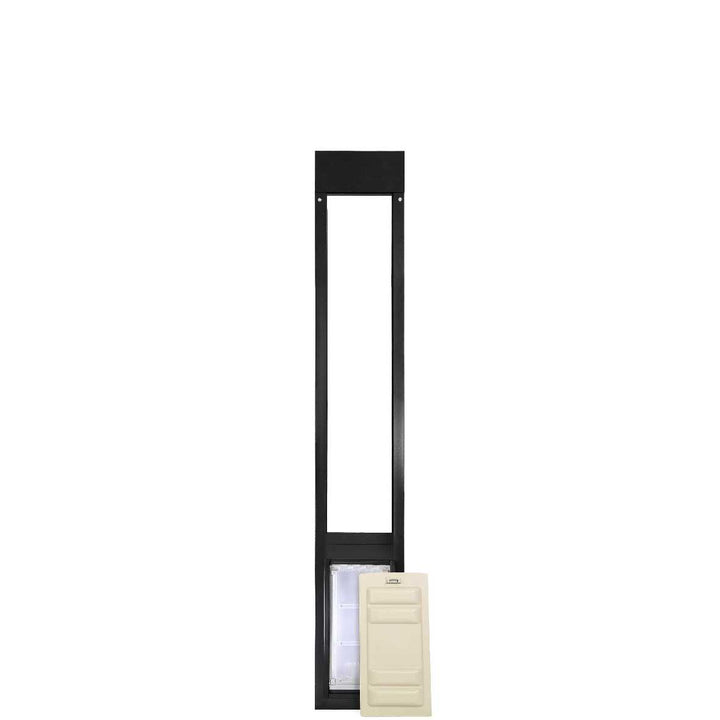 A black-framed pet door insert for sliding glass doors with an included panel.
