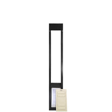 A black-framed sliding glass door pet door insert with a beige panel.