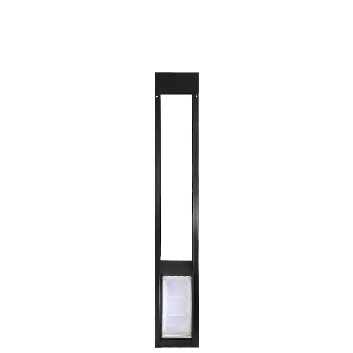 A black pet door insert for a sliding glass door.