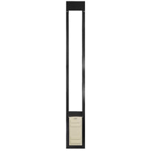 A black pet door frame with a cream-colored pet door.