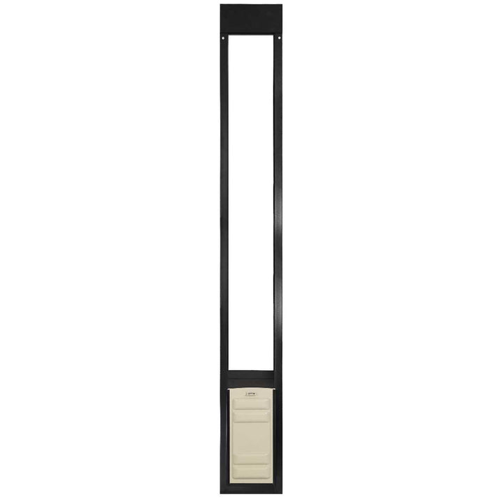 A black pet door frame with a cream-colored pet door.