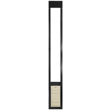 A black-framed sliding glass door insert with a pet door.