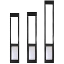 Three black-framed sliding glass door pet doors of varying heights.