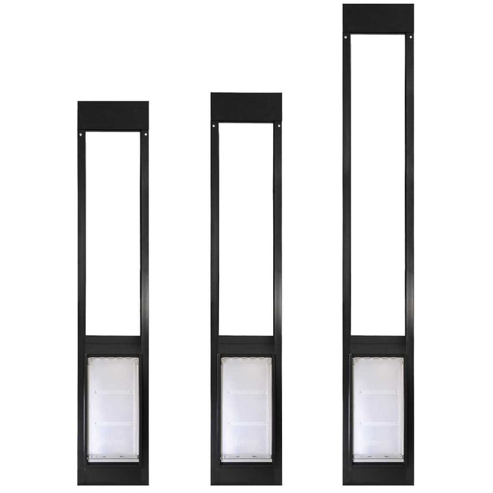 Three black-framed sliding glass door pet doors of varying heights.