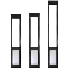 Three black-framed pet doors of varying heights are arranged in a row against a white background.