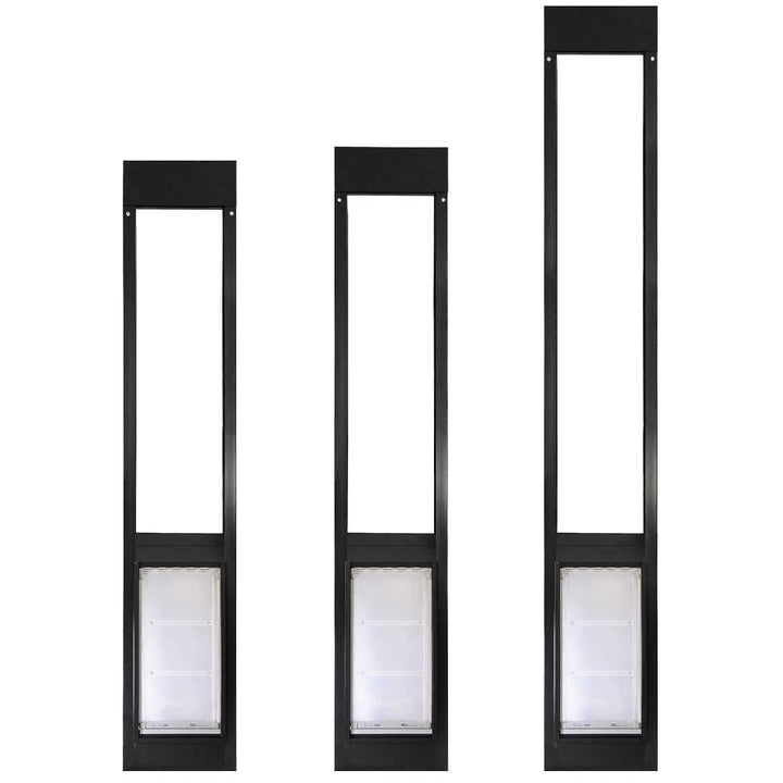 Three black-framed pet doors of varying heights are arranged in a row against a white background.