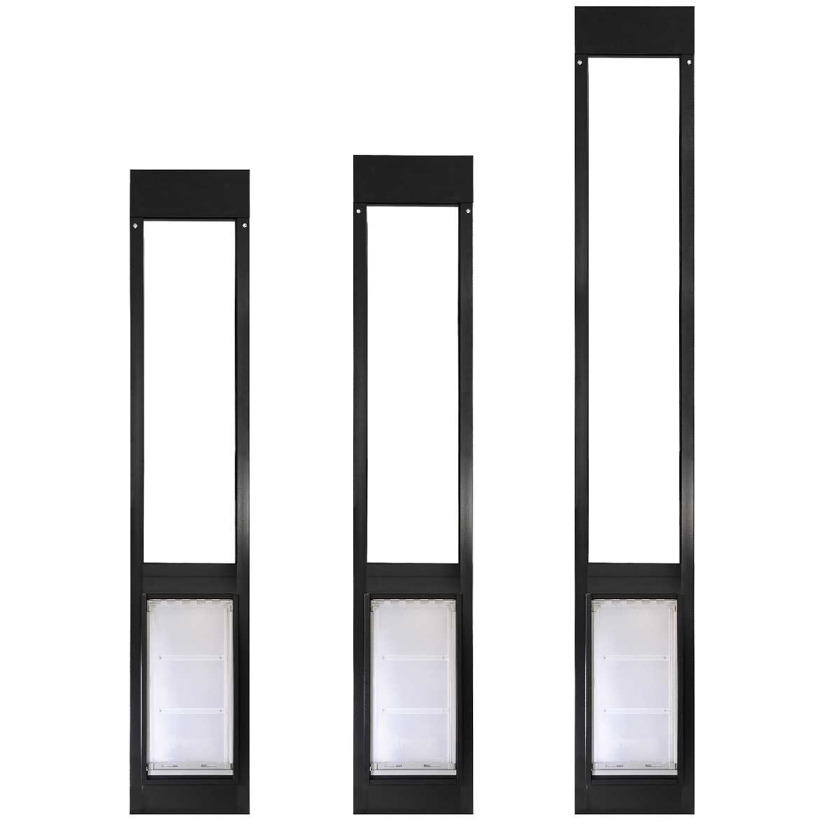 Three black-framed sliding glass door pet inserts of varying heights are displayed against a white background.