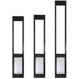 Three black-framed sliding glass door pet inserts of varying heights are displayed against a white background.