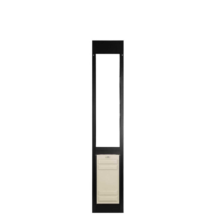 A black pet door frame with a rectangular opening above a beige-colored pet door flap.