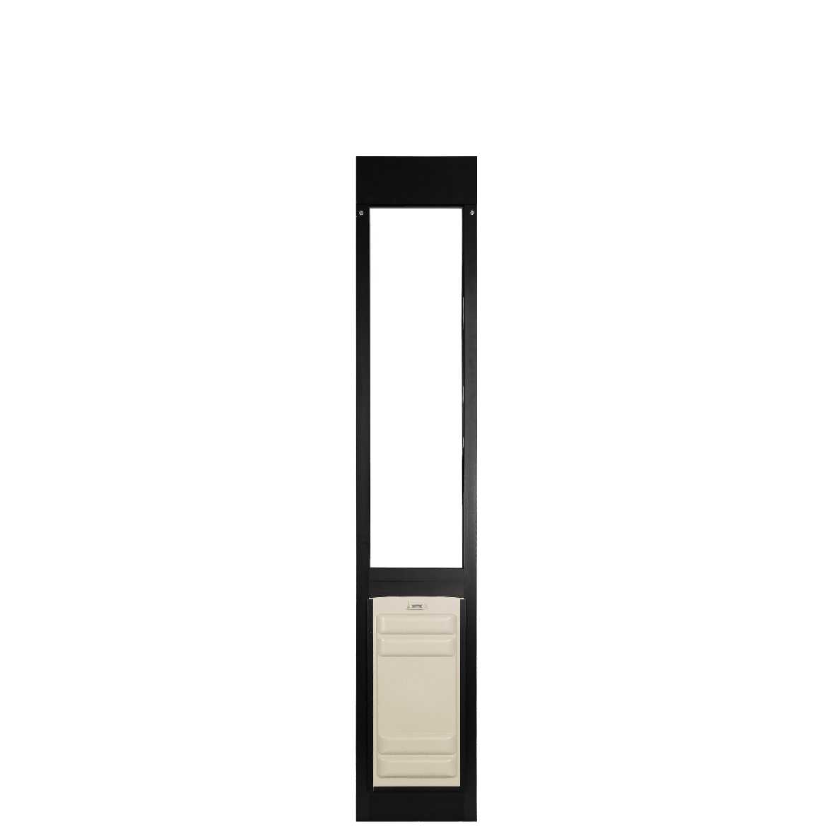 Black-framed sliding glass door insert with pet door.