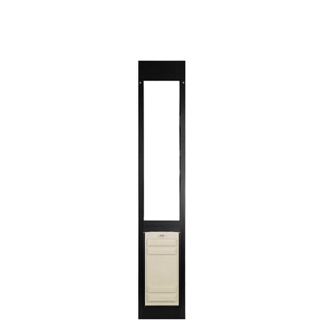 Black-framed sliding glass door insert with pet door.